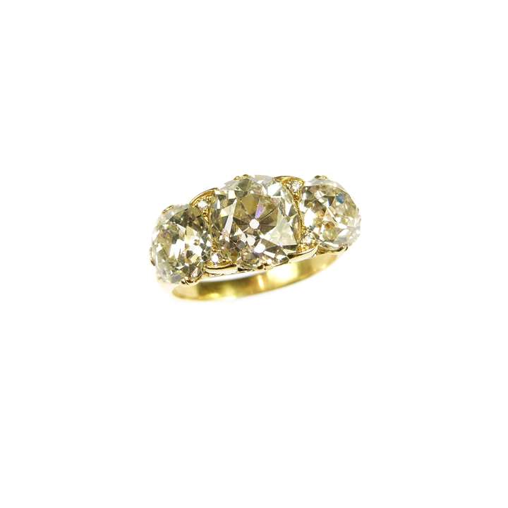 19th century three stone cushion cut diamond and gold ring